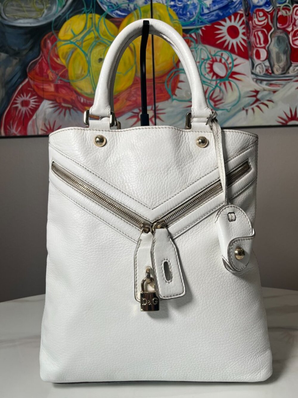 Dolce & Gabbana D&G White Pebbled Leather Padlock Tote Bag